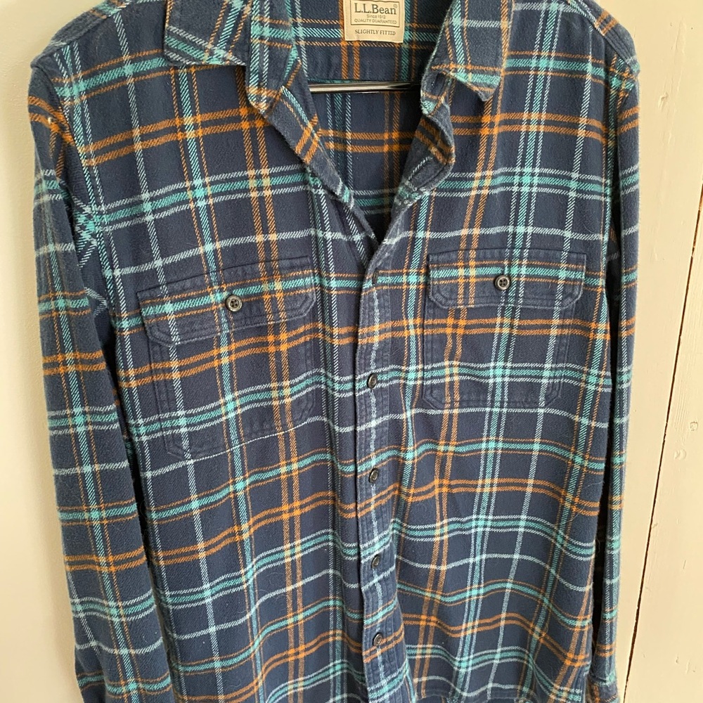 L.L. Bean Men's Navy and Orange Plaid Shirt